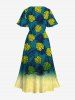 Plus Size Tropical Leaves Dip Dye Ombre Print Hawaii Split Pocket A Line Midi Dress -  