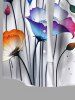 Plus Size Ombre Floral Branch Ink Painting Splatter Print Hawaii Button Pocket Shirt For Men -  