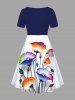 Robe Hawaii Ligne A Jointive Fleurie Branche D'Encre Eclaboussée Imprimée de Grande Taille - Bleu profond L