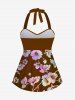 Haut de Tankini Tordu Fleuri Branche Ombré Imprimé sans Dos à Col Halter - café 6X