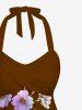 Haut de Tankini Tordu Fleuri Branche Ombré Imprimé sans Dos à Col Halter - café 6X