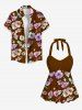 Haut de Tankini Tordu Fleuri Branche Ombré Imprimé sans Dos à Col Halter - café 6X