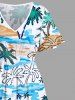 Plus Size Coconut Tree Sea Waves Beach Hand Paint Print Split Hawaii Midi Dress -  