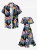 Plus Size Tropical Leaf Flowers Print Split Hawaii Midi Dress - Noir 1X