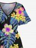 Plus Size Tropical Leaf Flowers Print Split Hawaii Midi Dress -  