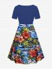 Plus Size Coconut Tree Hibiscus Flower Sea Waves Tropical Print Cinched Hawaii Dress -  