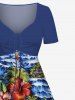 Plus Size Coconut Tree Hibiscus Flower Sea Waves Tropical Print Cinched Hawaii Dress -  