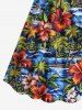 Plus Size Coconut Tree Hibiscus Flower Sea Waves Tropical Print Cinched Hawaii Dress -  