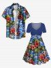 Plus Size Coconut Tree Hibiscus Flower Sea Waves Tropical Print Cinched Hawaii Dress -  