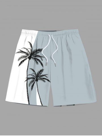 Plus Size Coconut Tree Colorblock Print Hawaii Beach Shorts For Men