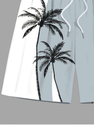 Plus Size Coconut Tree Colorblock Print Hawaii Beach Shorts For Men