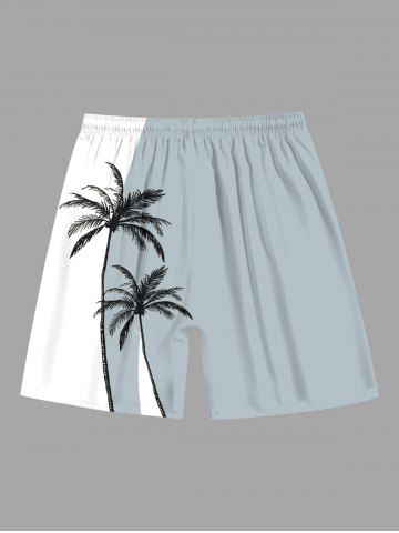 Plus Size Coconut Tree Colorblock Print Hawaii Beach Shorts For Men