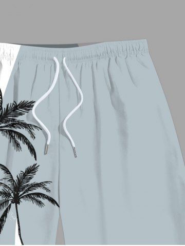 Plus Size Coconut Tree Colorblock Print Hawaii Beach Shorts For Men