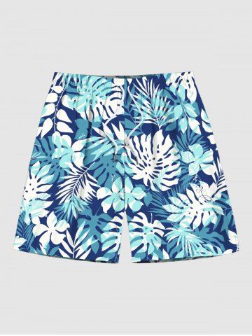 Plus Size Tropical Leaf Print Hawaii Beach Shorts For Men - BLUE - L