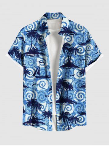 Chemise Boutonnée Imprimé Cocotier Hawaiien avec Poche Grande Taille pour Homme