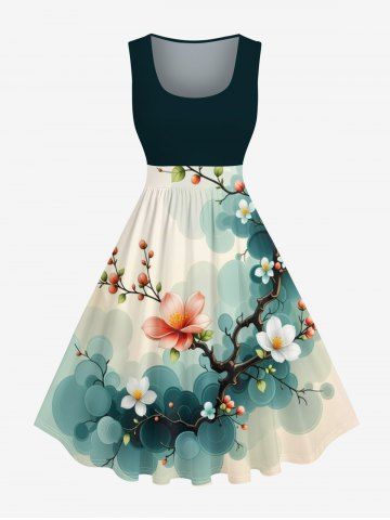 Plus Size Ombre Floral Tree Branch Print Hawaii Vintage Swing A Line Dress - DEEP GREEN - M