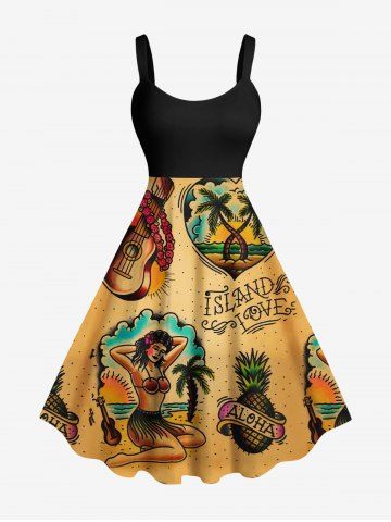 Plus Size Guitar Coconut Tree Pineapple Seascape Beauty Print Hawaii Tank Dress - DEEP YELLOW - 2X