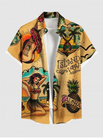 Plus Size Guitar Coconut Tree Pineapple Seascape Beauty Print Buttons Pocket Hawaii Shirt For Men - DEEP YELLOW - 6XL