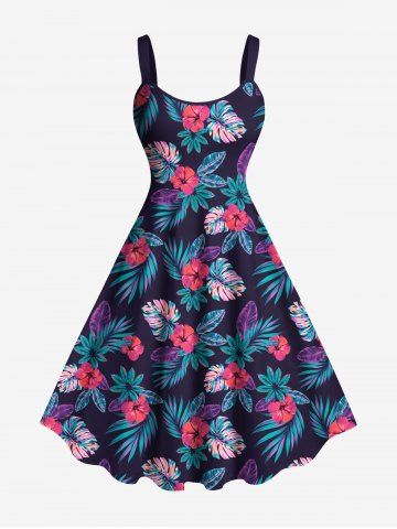 Plus Size Tropical Leaves Floral Print Hawaii A Line Tank Dress