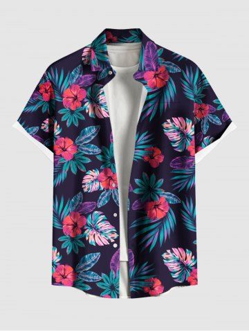 Plus Size Tropical Leaves Floral Print Hawaii Button Pocket Shirt For Men