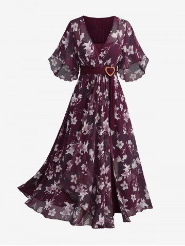 Plus Size Flowers Print Heart Buckle Surplice Butterfly Sleeves Ribbed Textured Dress - DEEP RED - 4X | US 26-28