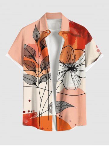 Plus Size Flower Leaf Branch Colorblock Print Hawaii Button Pocket Shirt For Men - ORANGE - M