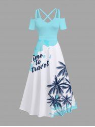 Plus Size Coconut Tree Sea Waves Letters Print Cold Shoulder Crisscross Hawaii Maxi Dress -  