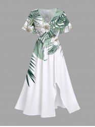 Robe Mi-Longue Hawaïen Fendue Fleur et Feuille Tropicale Imprimées de Grande Taille - Blanc L