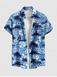 Chemise Boutonnée Imprimé Cocotier Hawaiien avec Poche Grande Taille pour Homme - Bleu 4XL
