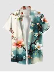 Plus Size Ombre Floral Tree Branch Print Hawaii Button Pocket Shirt For Men -  