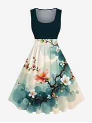 Robe Vintage Trapèze Branche D'Arbre Ombrée Fleuri Imprimé de Grande Taille - Vert profond 2X