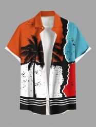 Plus Size Coconut Tree Colorblock Bending Striped Print Hawaii Button Pocket Shirt For Men -  