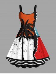 Plus Size Coconut Tree Colorblock Bending Striped Print Hawaii A Line Tank Dress -  
