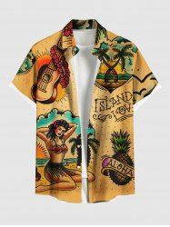 Plus Size Guitar Coconut Tree Pineapple Seascape Beauty Print Buttons Pocket Hawaii Shirt For Men -  