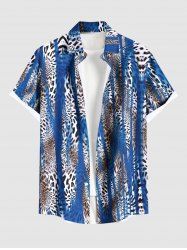 Plus Size Leopard Striped Colorblock Print Buttons Pocket Shirt For Men -  
