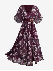 Plus Size Flowers Print Heart Buckle Surplice Butterfly Sleeves Ribbed Textured Dress -  