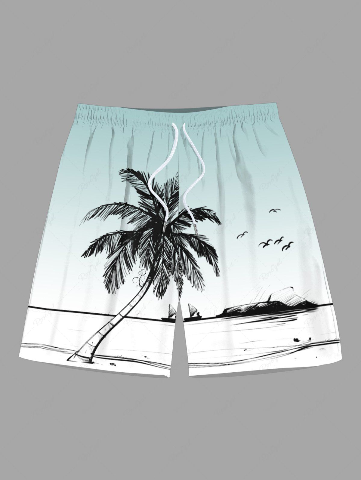 Latest Plus Size Coconut Tree Seascape Bird Ombre Print Hawaii Beach Shorts For Men  