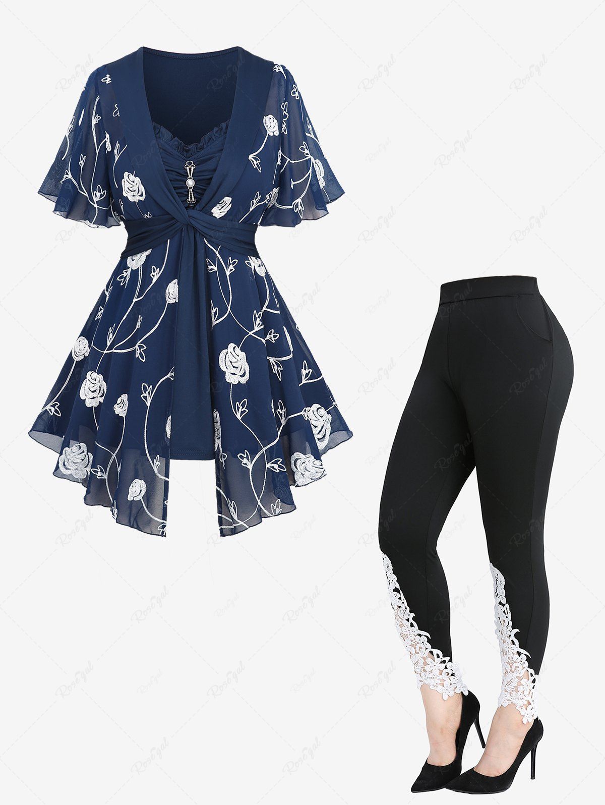 Shops Embroidery Rose Flower Chiffon 2 In 1 Top and Appliques Leggings Plus Size Outfit  