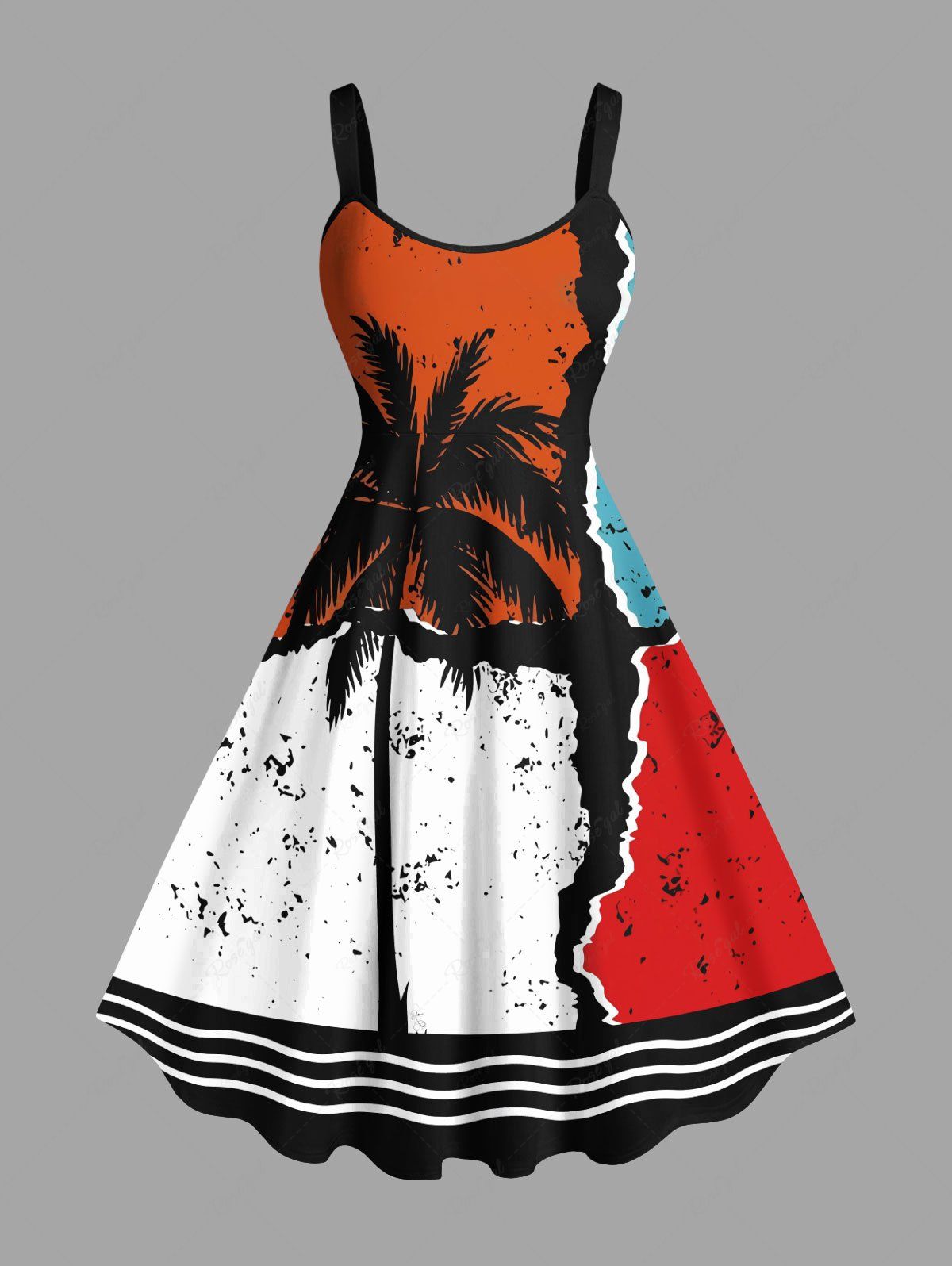 New Plus Size Coconut Tree Colorblock Bending Striped Print Hawaii A Line Tank Dress  