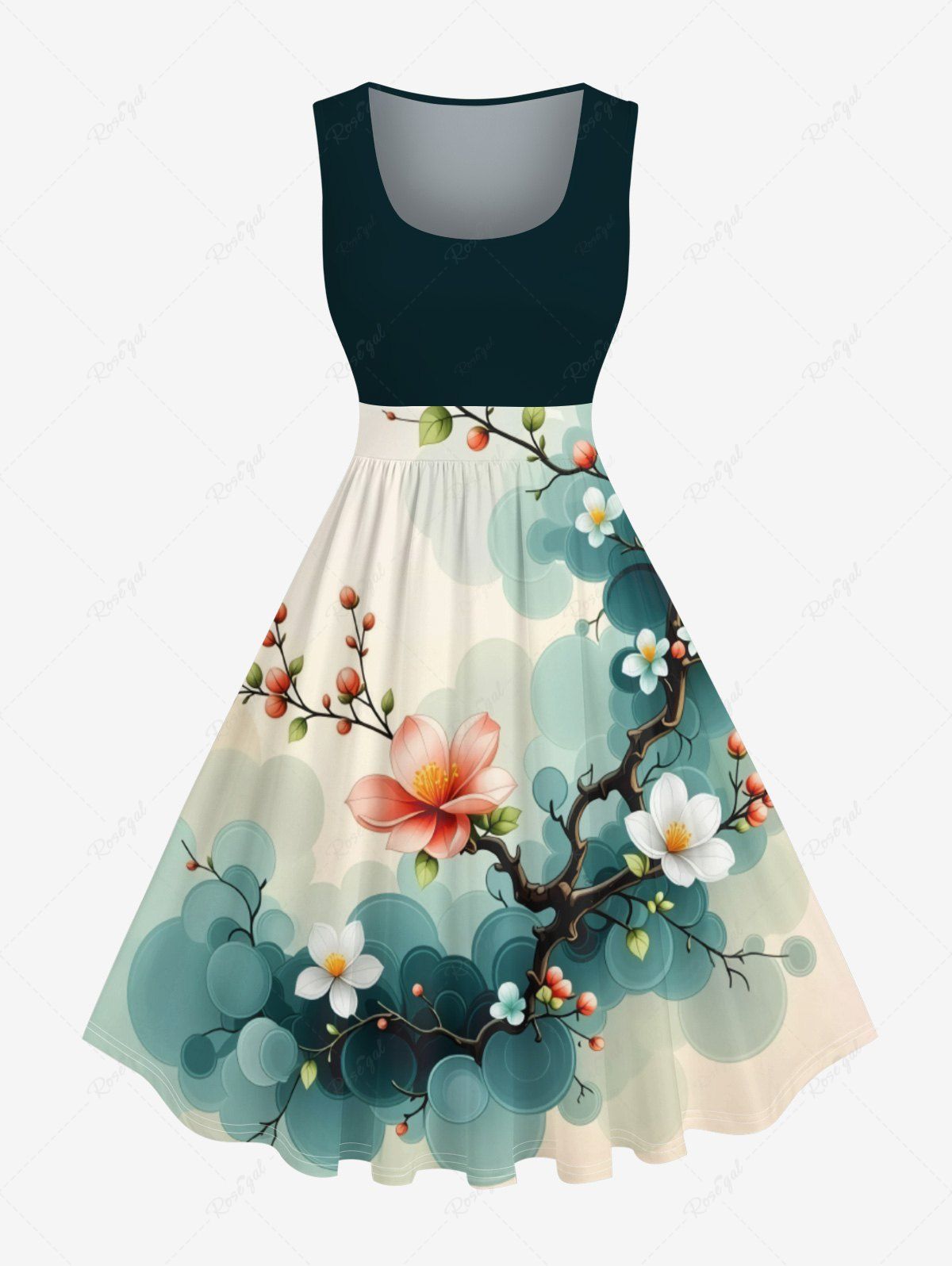 Chic Plus Size Ombre Floral Tree Branch Print Hawaii Vintage Swing A Line Dress  