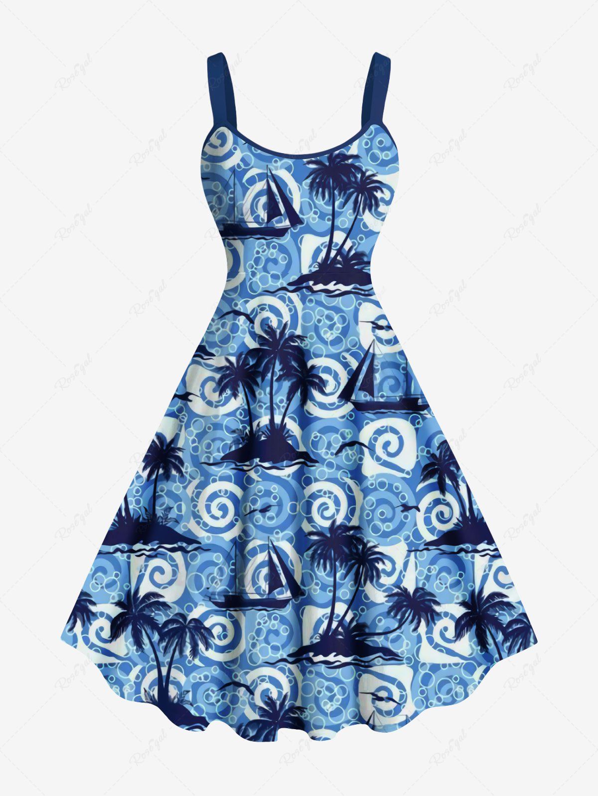 Robe Ligne A à Bretelle Nouée Arbre Noix de Coco Imprimé de Grande Taille Bleu 6X