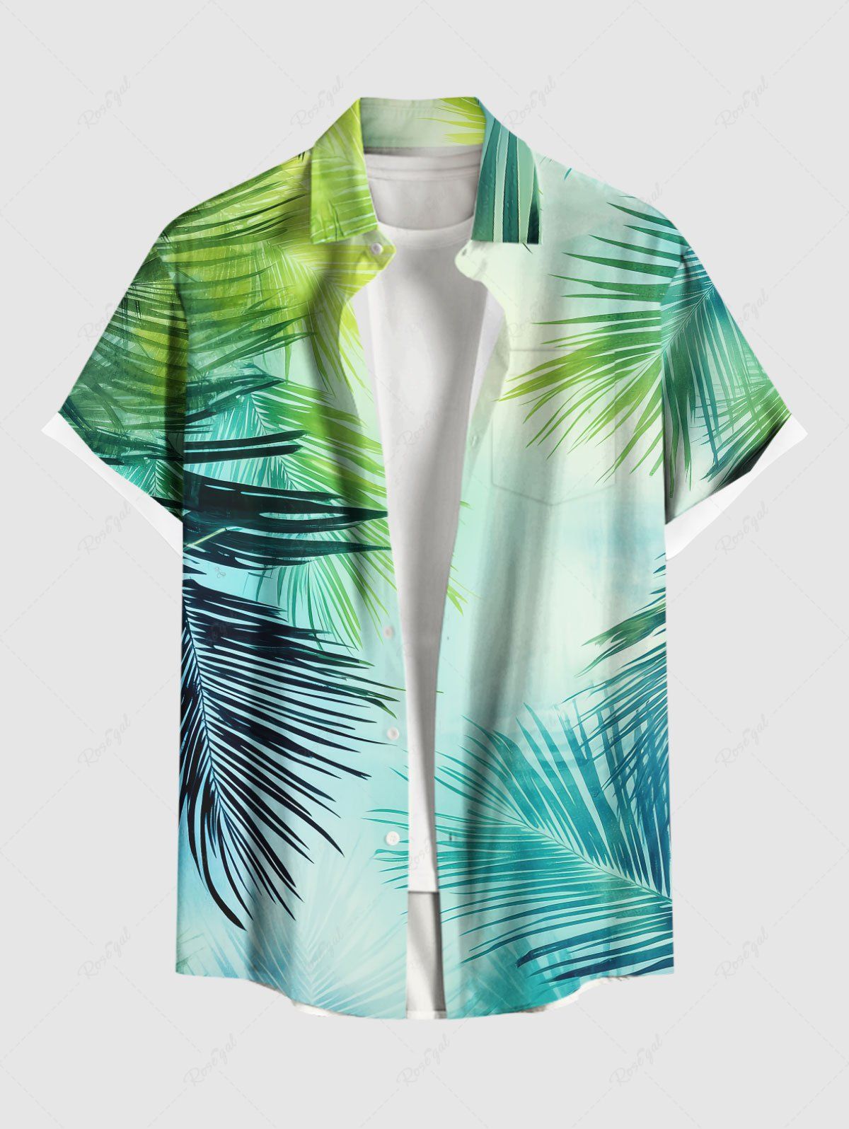 New Plus Size Tropical Leaves Print Hawaii Ombre Button Pocket Shirt For Men  