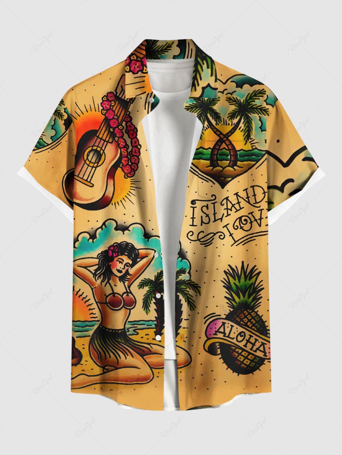 Latest Plus Size Guitar Coconut Tree Pineapple Seascape Beauty Print Buttons Pocket Hawaii Shirt For Men  