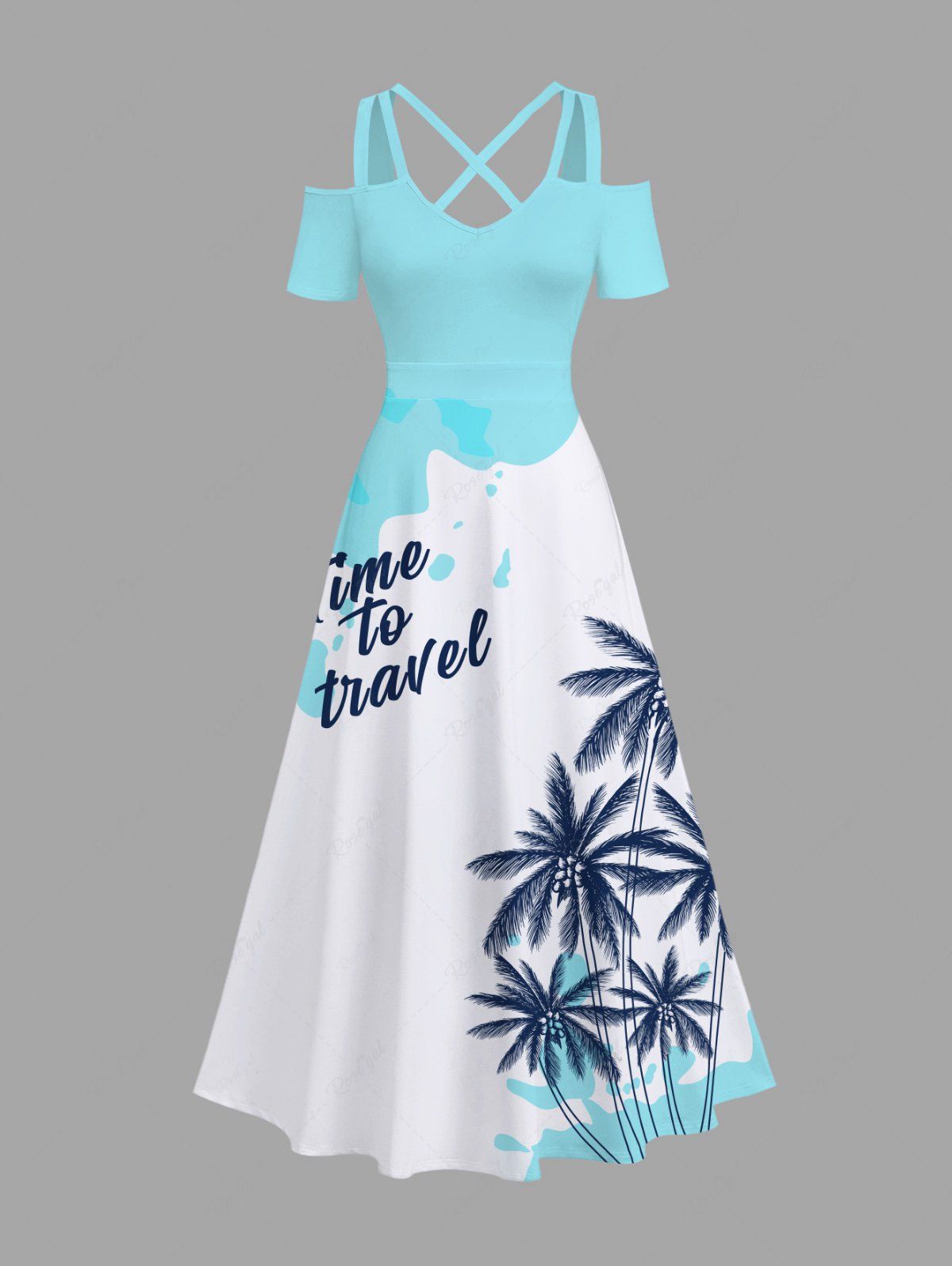 Maxi Robe Hawaïen Croisée Vague D'Océan Cocotier et Lettre Imprimés de Grande Taille Bleu clair 6X