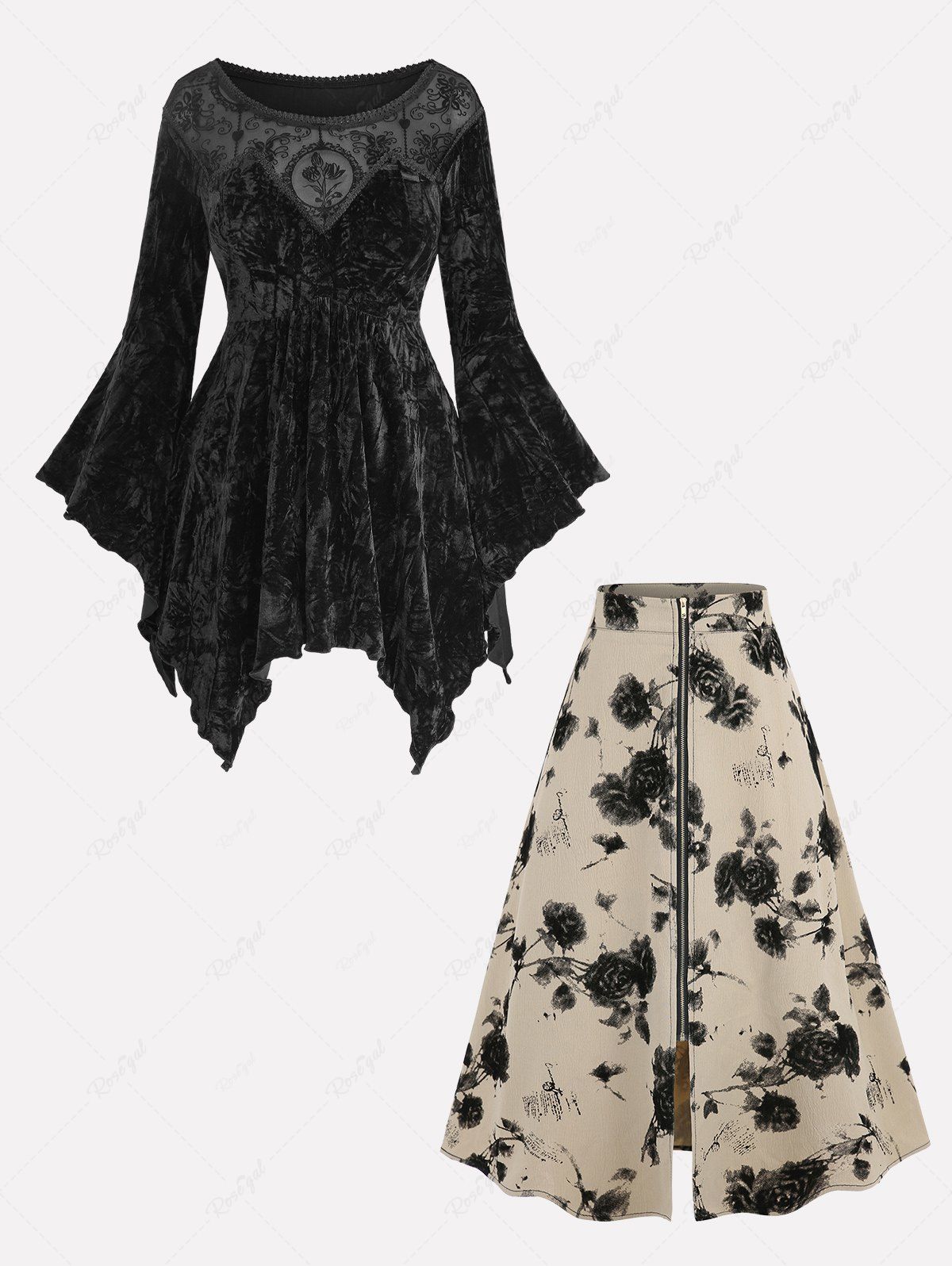 Hot Mesh Flocking Embossed Crinkle Patchwork Velvet Top and Ink Painting Rose Flower Distressed Zipper Skirt Plus Size Outfit  
