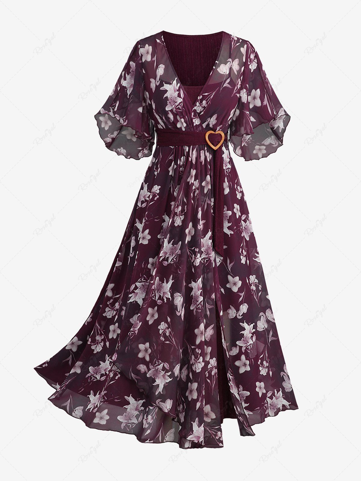 Fancy Plus Size Flowers Print Heart Buckle Surplice Butterfly Sleeves Ribbed Textured Dress  