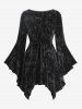 Mesh Flocking Embossed Crinkle Patchwork Velvet Top and Ink Painting Rose Flower Distressed Zipper Skirt Plus Size Outfit -  