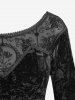 Mesh Flocking Embossed Crinkle Patchwork Velvet Top and Ink Painting Rose Flower Distressed Zipper Skirt Plus Size Outfit -  