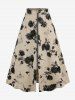Mesh Flocking Embossed Crinkle Patchwork Velvet Top and Ink Painting Rose Flower Distressed Zipper Skirt Plus Size Outfit -  