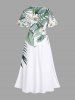 Robe Mi-Longue Hawaïen Fendue Fleur et Feuille Tropicale Imprimées de Grande Taille - Blanc 6X